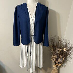 Vtg Jen-Jen New York 2pc Pleated Dress & Cropped Jacket White Blue Belt Sz 10 ?